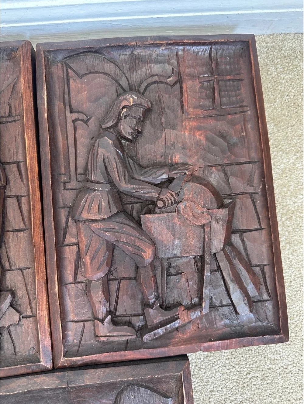 VTG Spanish Hand Carved Wood Medieval Trades Bas Relief Wall Plaques Set of 5